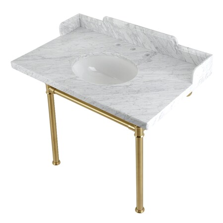 Kingston Brass 36 Carrara Marble Console Sink with Stainless Steel Legs, Marble WhiteBrushed Brass LMS3622M87ST